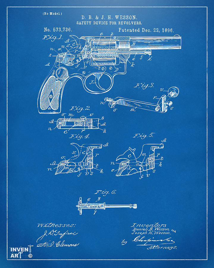 Vintage Digital Art - 1896 Wesson Safety Device Revolver Patent Artwork - Blueprint by Nikki Marie Smith