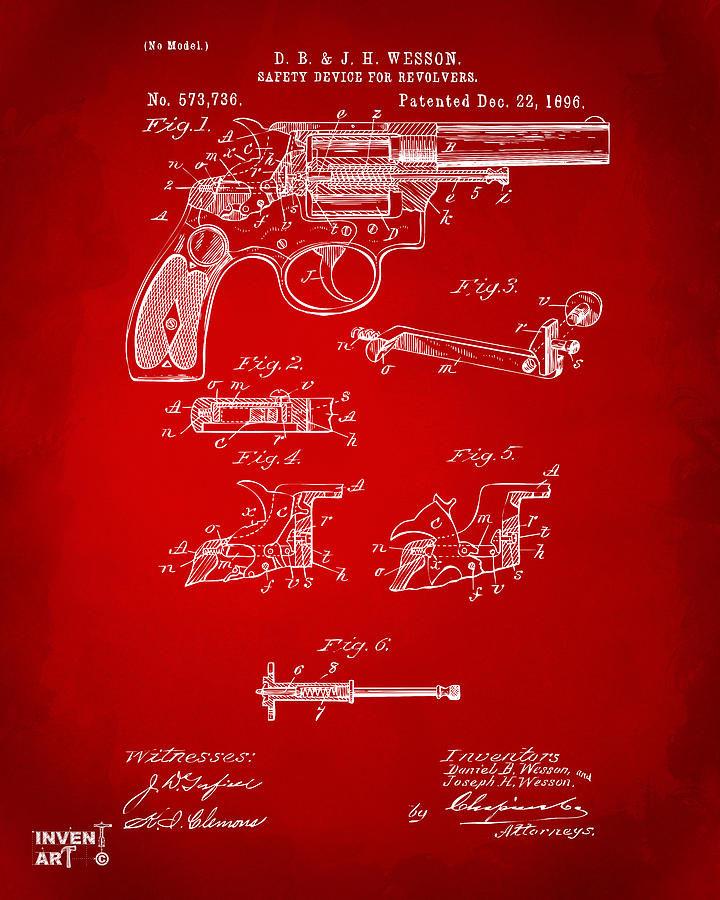 Vintage Digital Art - 1896 Wesson Safety Device Revolver Patent Artwork - Red by Nikki Marie Smith