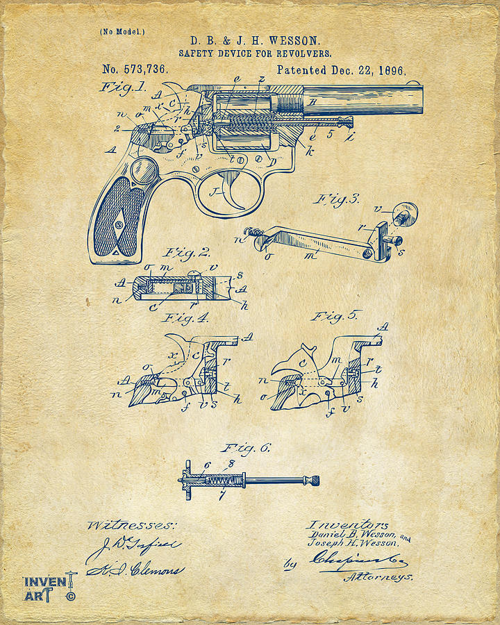 1896 Wesson Safety Device Revolver Patent Artwork - Vintage Digital Art by Nikki Marie Smith