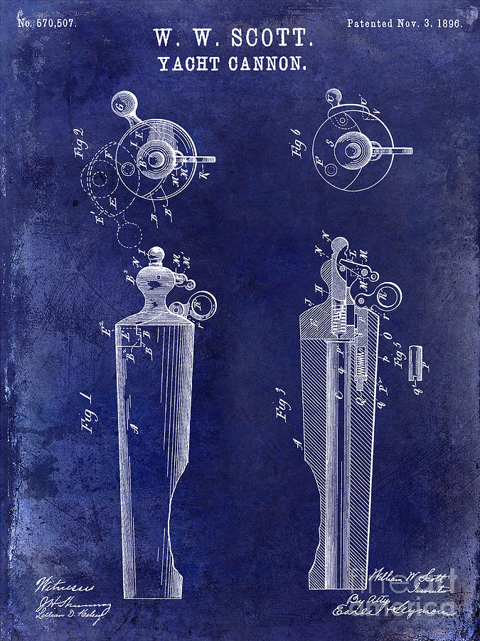 1896 Yacht Cannon Patent Drawing Blue Photograph by Jon Neidert