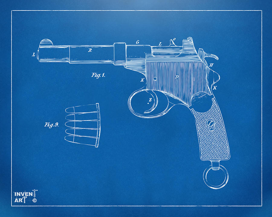 Vintage Digital Art - 1897 Mannlicher Pistol Patent Minimal - Blueprint by Nikki Marie Smith