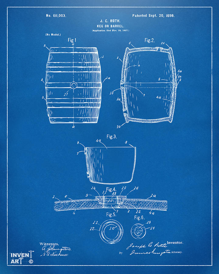 Beer Digital Art - 1898 Beer Keg Patent Artwork - Blueprint by Nikki Marie Smith