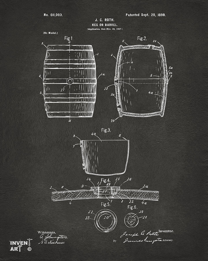 Beer Digital Art - 1898 Beer Keg Patent Artwork - Gray by Nikki Marie Smith