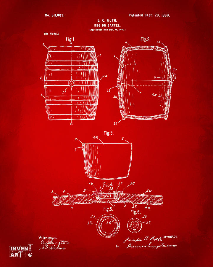 Beer Digital Art - 1898 Beer Keg Patent Artwork - Red by Nikki Marie Smith