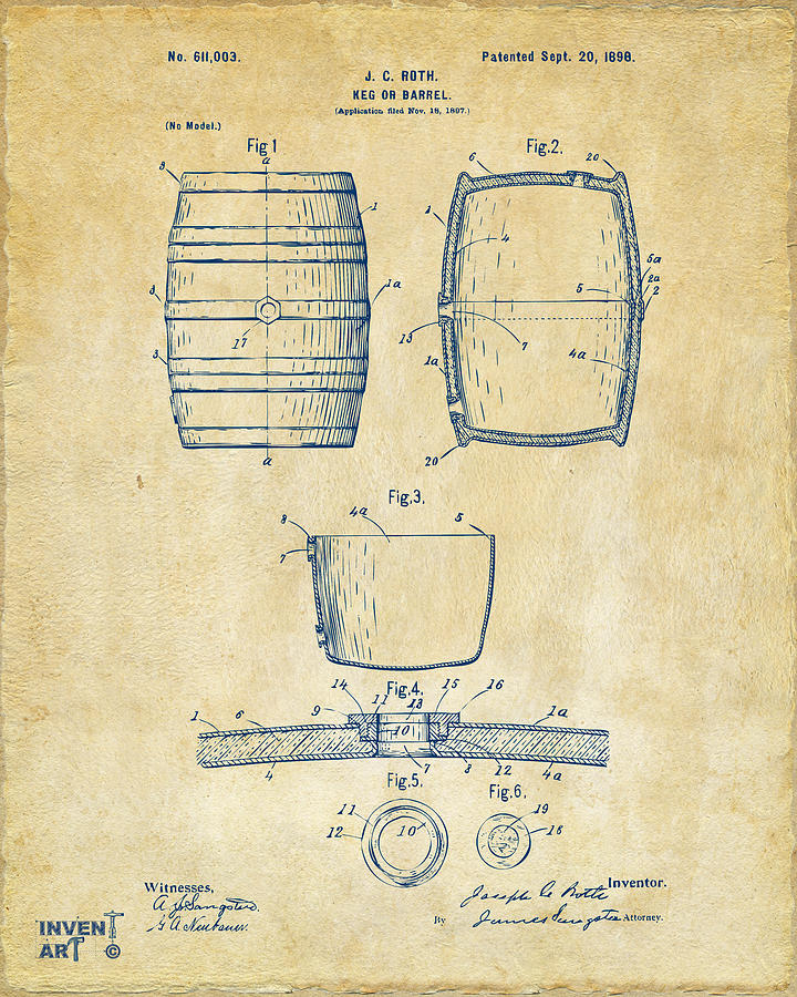 1898 Beer Keg Patent Artwork - Vintage Digital Art by Nikki Marie Smith