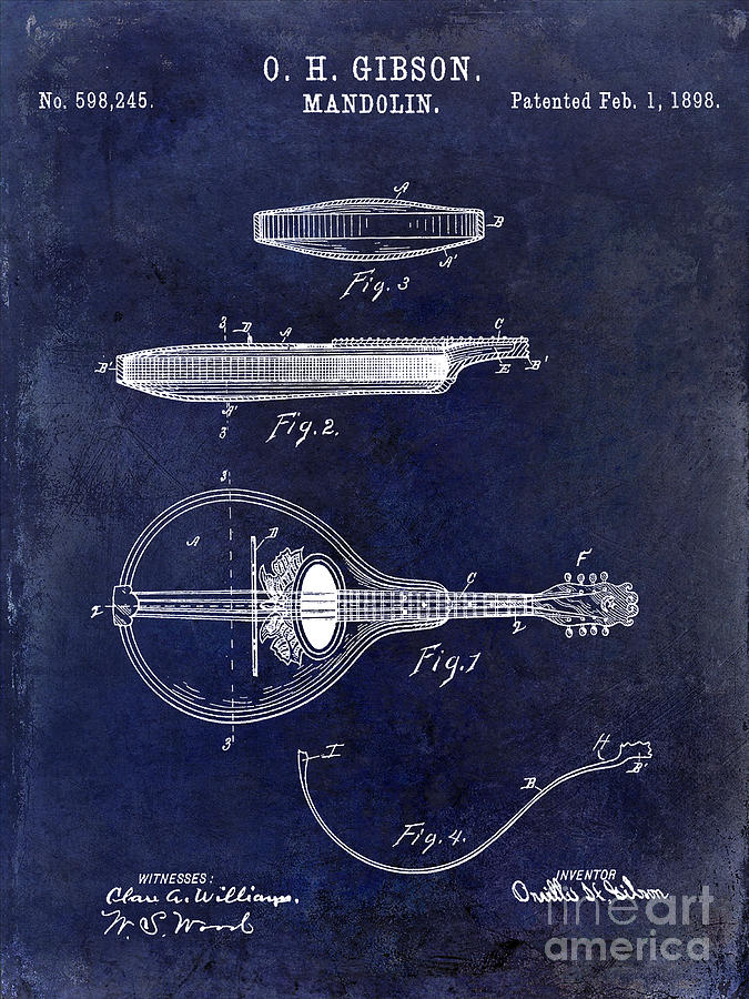 1898 Gibson Mandolin Patent Drawing Blue Photograph by Jon Neidert