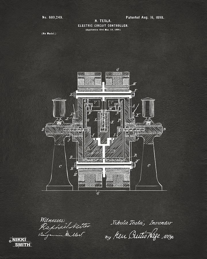 Vintage Digital Art - 1898 Tesla Electric Circuit Patent Artwork - Gray by Nikki Marie Smith