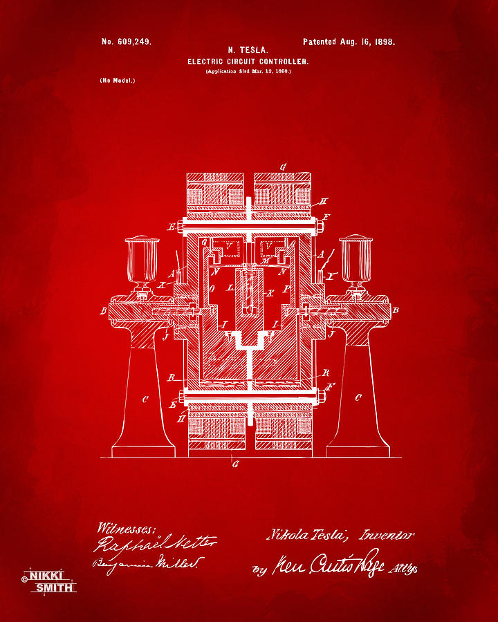 1898 Tesla Electric Circuit Patent Artwork - Red Digital Art by Nikki Marie Smith