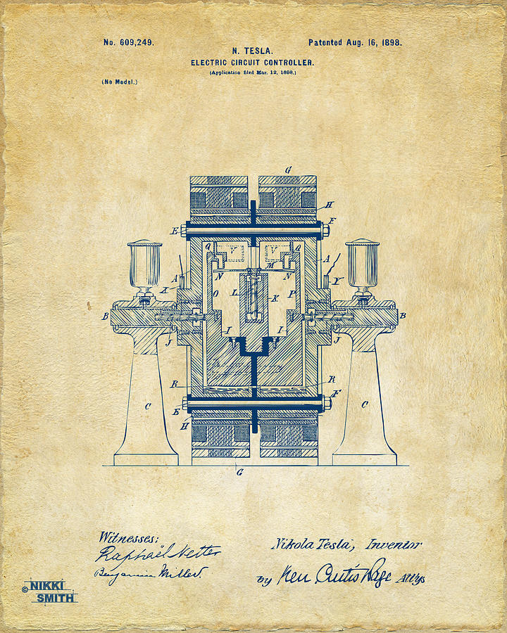 1898 Tesla Electric Circuit Patent Artwork - Vintage Digital Art by Nikki Marie Smith