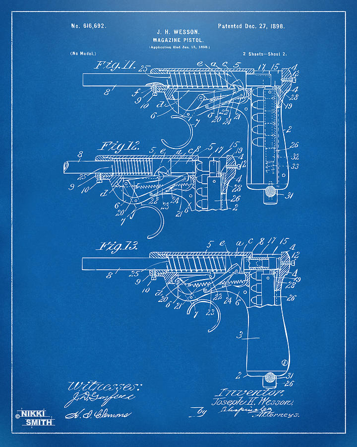 Vintage Drawing - 1898 Wesson Magazine Pistol Patent Artwork 2 - Blueprint by Nikki Marie Smith