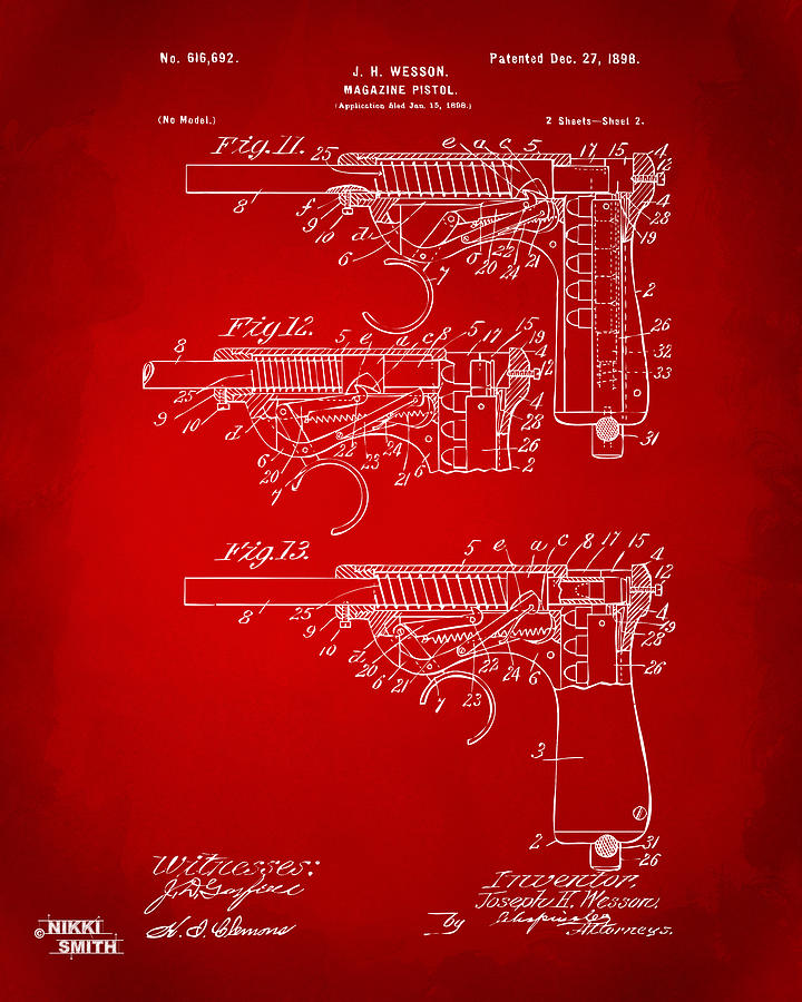 1898 Wesson Magazine Pistol Patent Artwork 2 - Red Drawing by Nikki Marie Smith