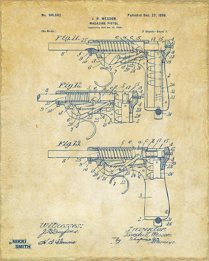 Vintage Drawing - 1898 Wesson Magazine Pistol Patent Artwork 2 - Vintage by Nikki Marie Smith