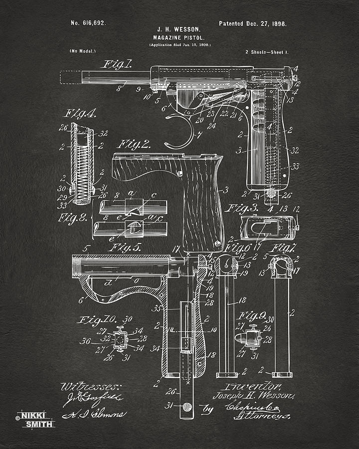 1898 Wesson Magazine Pistol Patent Artwork - Gray Digital Art by Nikki Marie Smith
