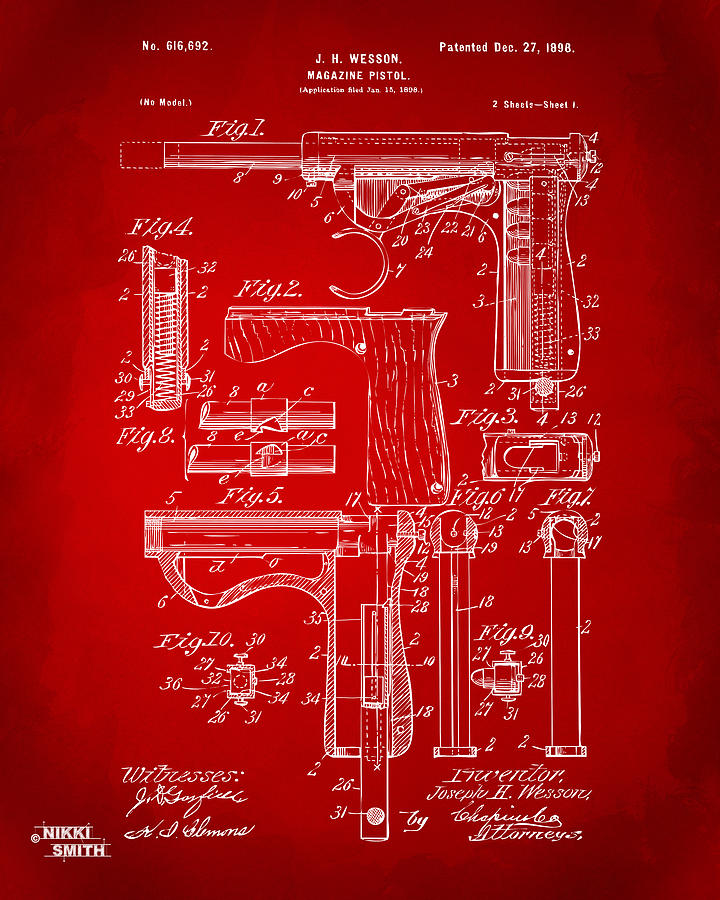 Vintage Drawing - 1898 Wesson Magazine Pistol Patent Artwork - Red by Nikki Marie Smith