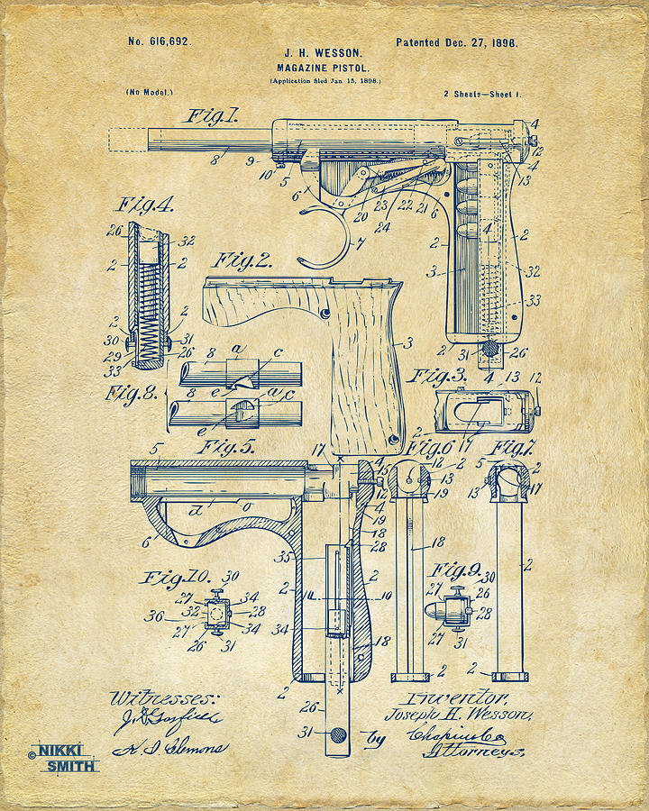 Vintage Drawing - 1898 Wesson Magazine Pistol Patent Artwork - Vintage by Nikki Marie Smith