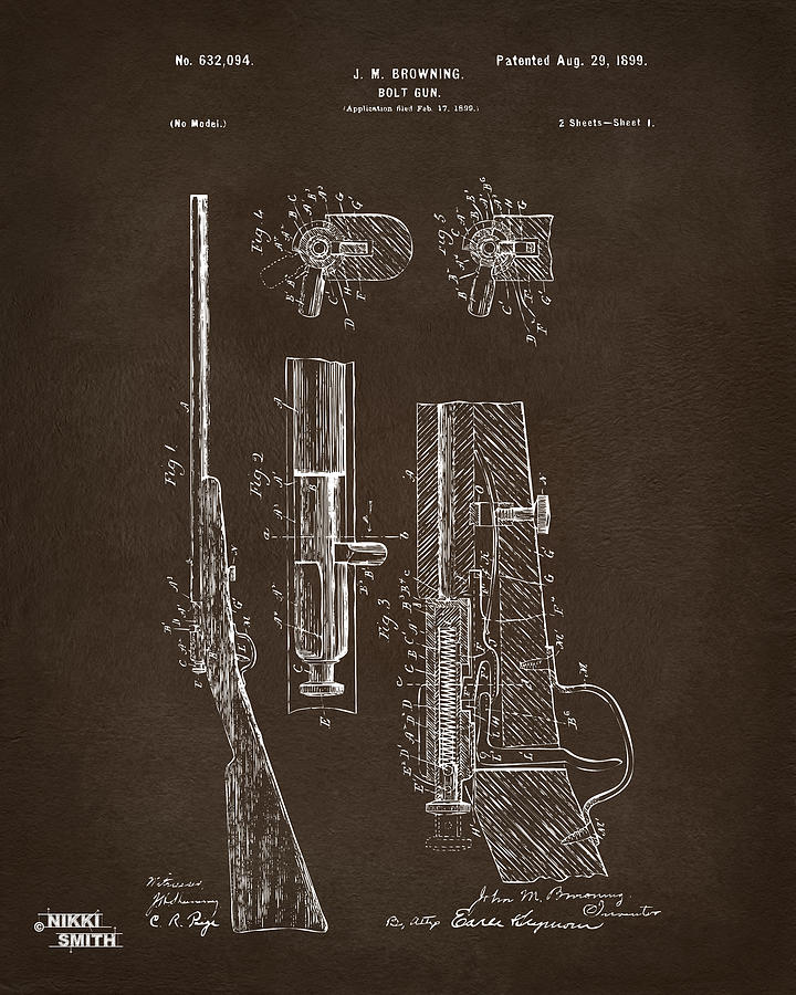 1899 Browning Bolt Gun Patent Espresso Digital Art by Nikki Marie Smith
