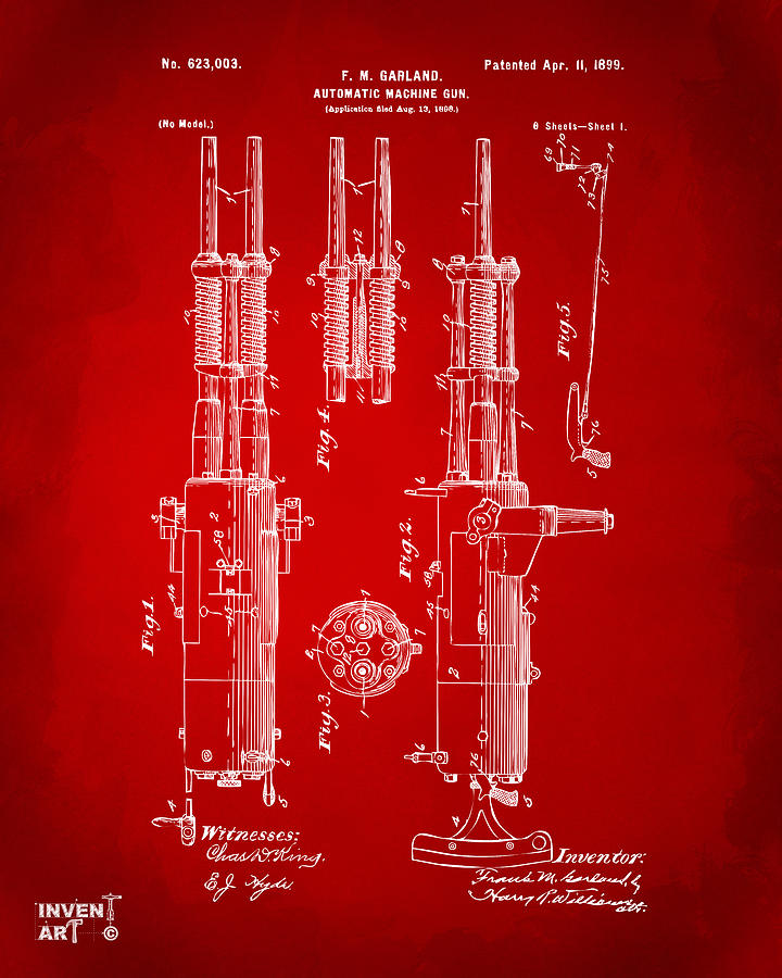 1899 Garland Automatic Machine Gun Patent Artwork - Red Digital Art by Nikki Marie Smith