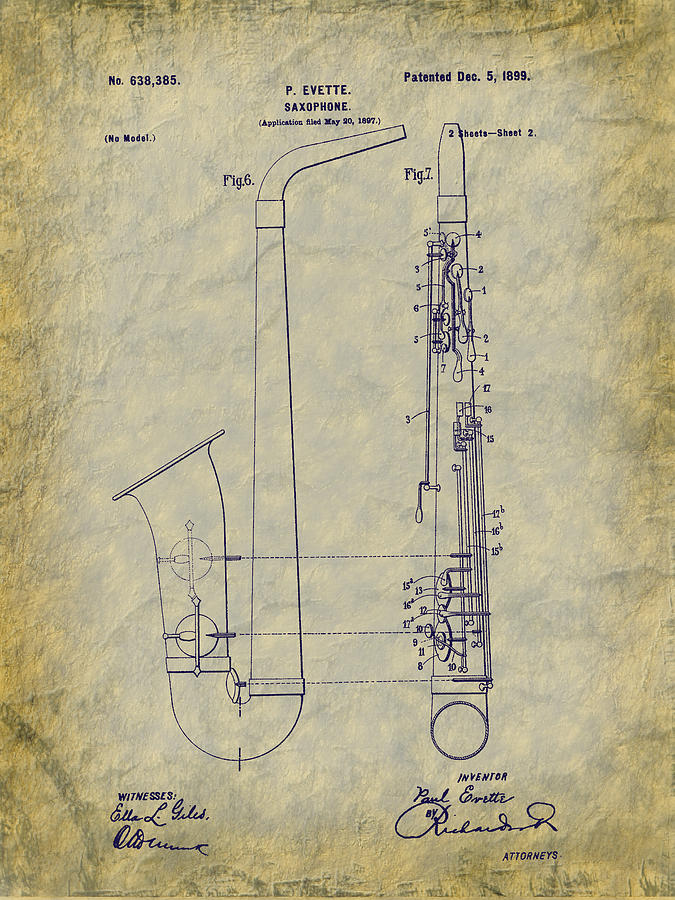 1899 Paul Evette Saxophone Patent Digital Art by Barry Jones