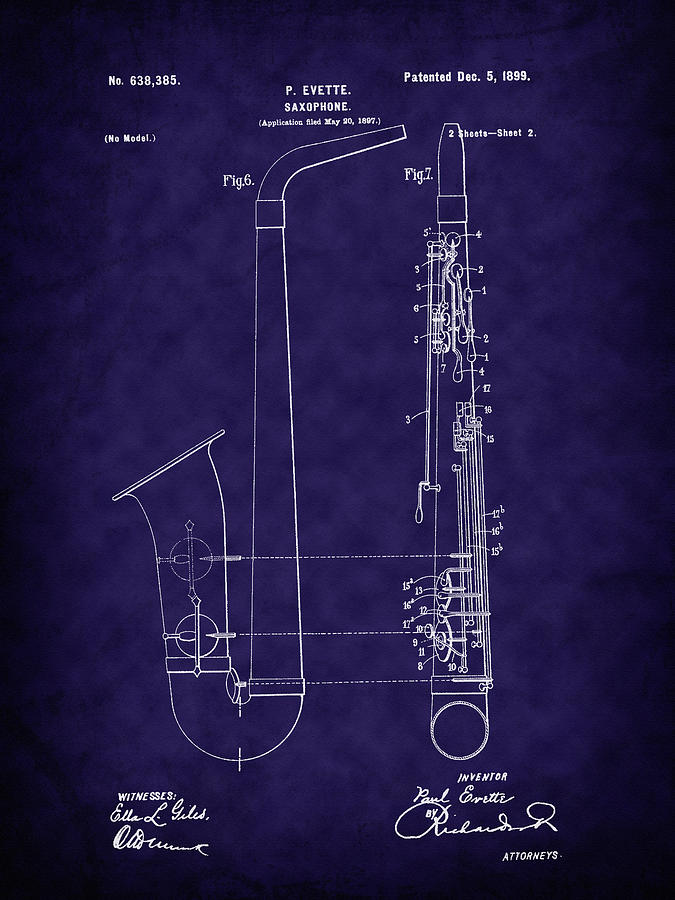 1899 Paul Evette Saxophone Patent - Blue Digital Art by Barry Jones