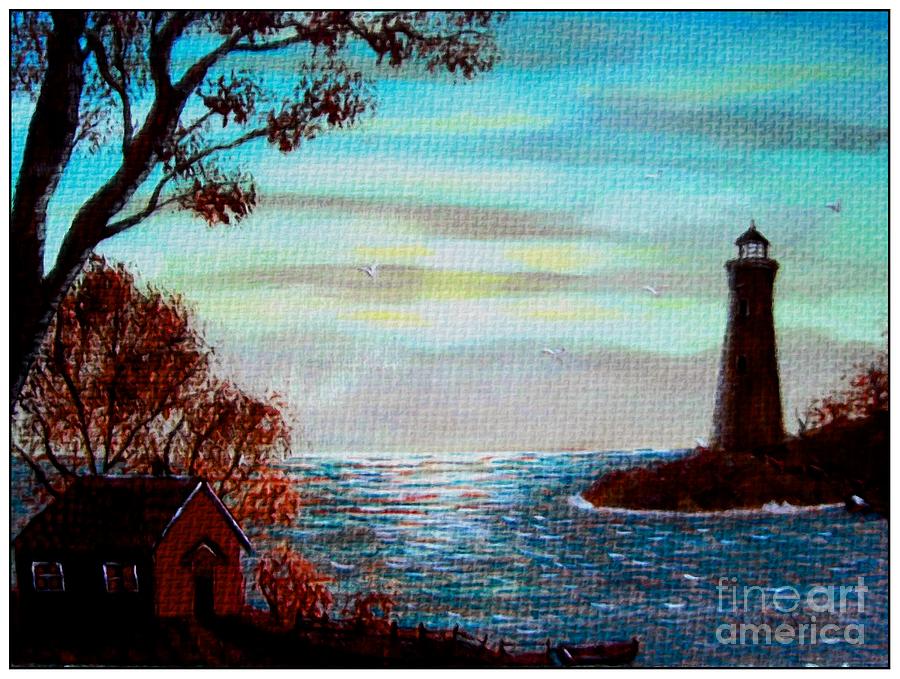 Sunset Lighthouse Duvet Painting by Barbara A Griffin