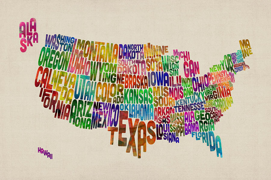 United States Typography Text Map #19 Digital Art by Michael Tompsett