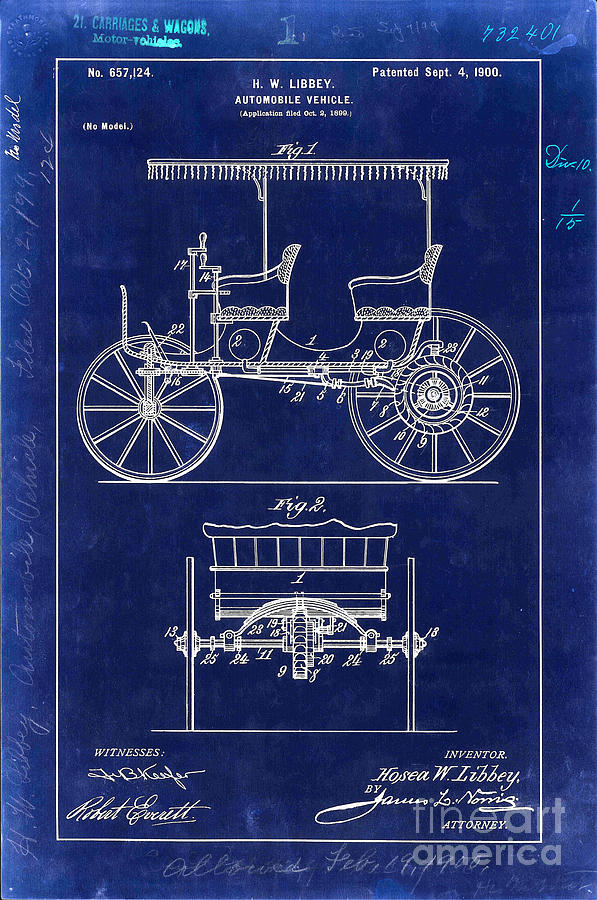 1900 Automobile Patent Drawing Blue Photograph by Jon Neidert
