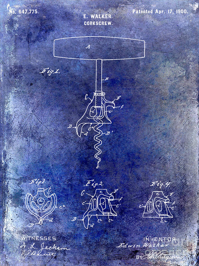 Wine Drawing - 1900 Corkscrew Patent Drawing Blue by Jon Neidert