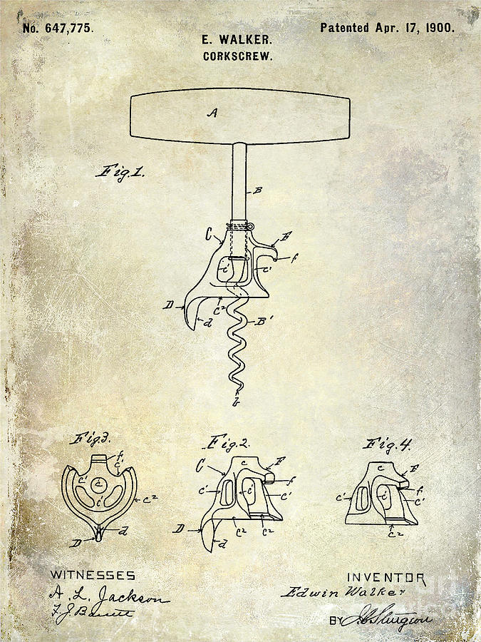 1900 Corkscrew Patent Drawing Drawing by Jon Neidert