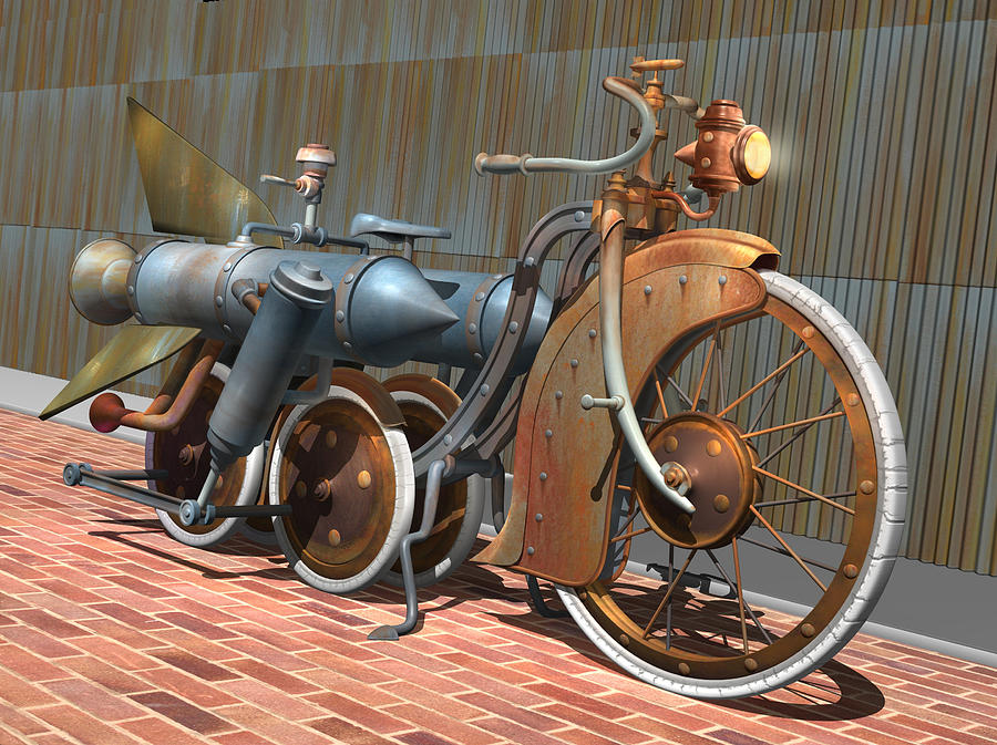 Fantasy Digital Art - 1900 Dual Rocket Steambike by Stuart Swartz