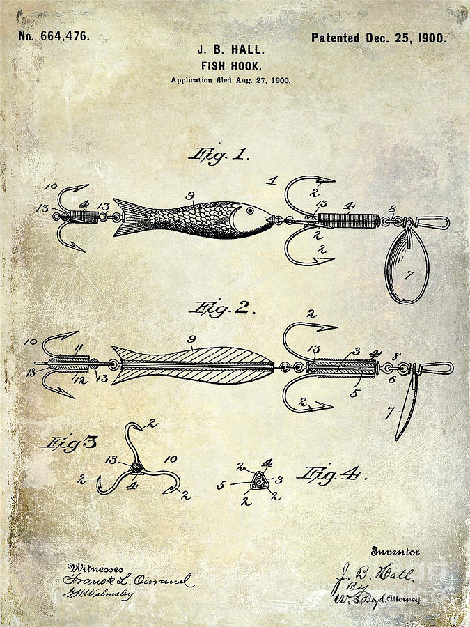 Bass Photograph - 1900 Fishing Hook Patent Drawing by Jon Neidert