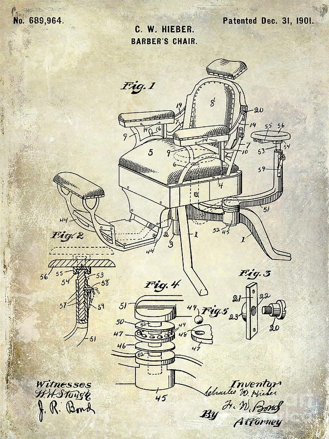 Barber Drawing - 1901 Barber Chair Patent Drawing  by Jon Neidert