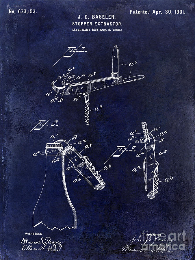 1901 Corkscrew Patent Drawing Blue Photograph by Jon Neidert