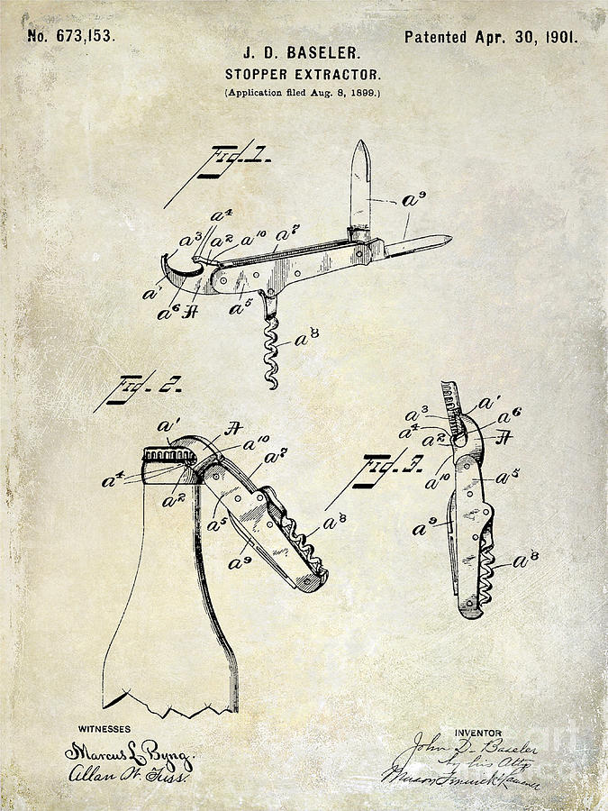 1901 Corkscrew Patent Drawing Photograph by Jon Neidert