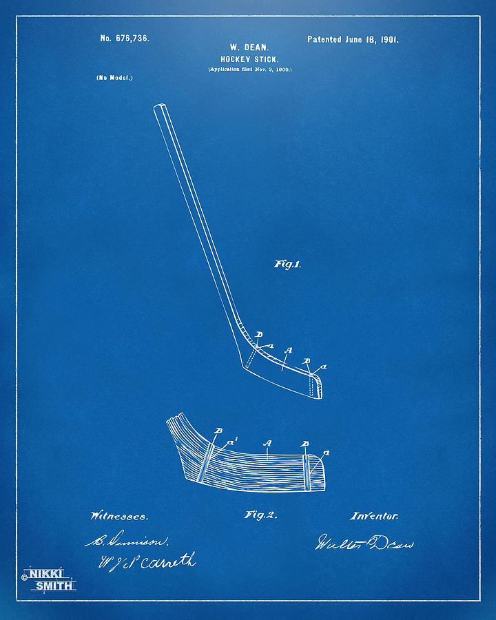 1901 Hockey Stick Patent Artwork - Blueprint Digital Art by Nikki Marie Smith