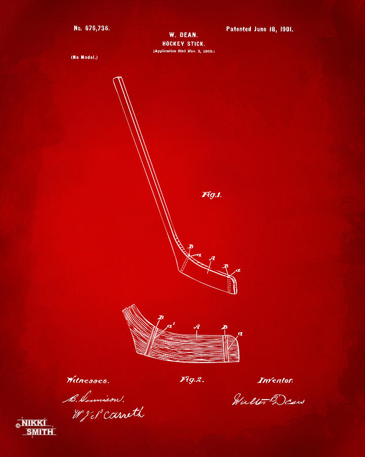 Hockey Digital Art - 1901 Hockey Stick Patent Artwork - Red by Nikki Marie Smith