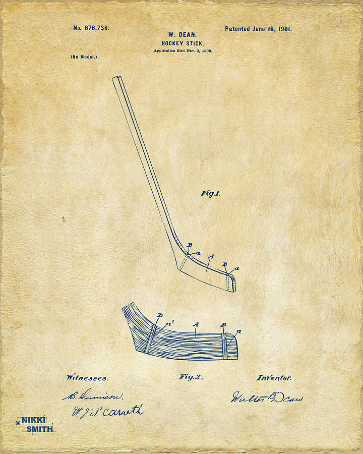 Hockey Digital Art - 1901 Hockey Stick Patent Artwork - Vintage by Nikki Marie Smith