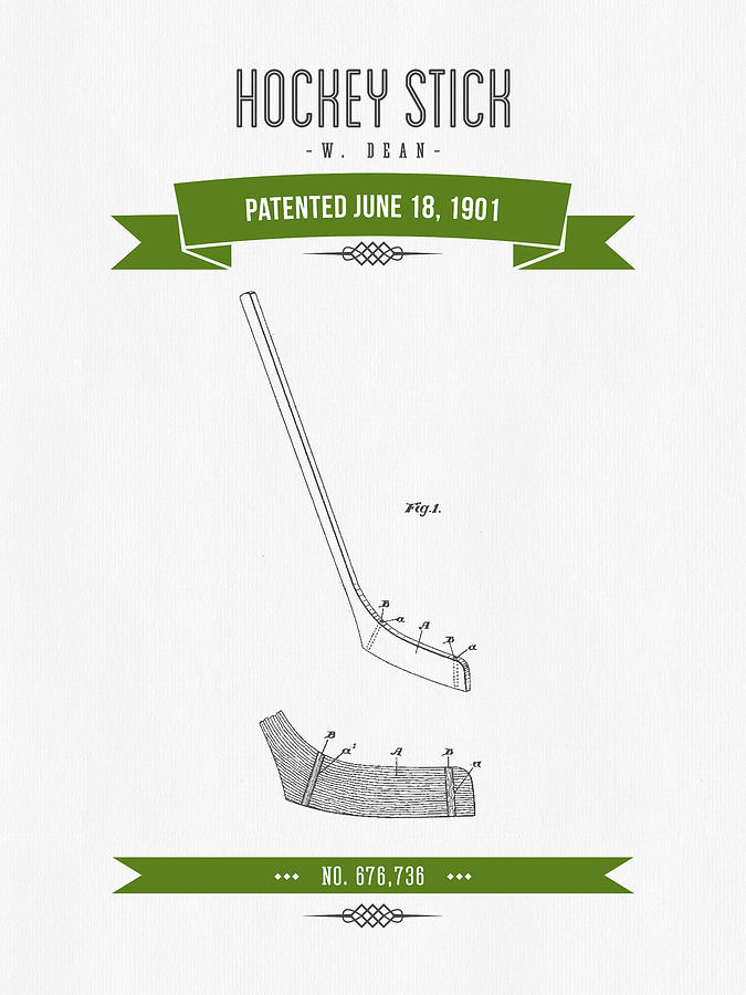 Hockey Digital Art - 1901 Hockey Stick Patent Drawing - Retro Green by Aged Pixel