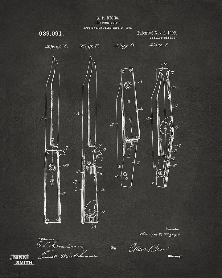 1901 Hunting Knife Patent Artwork - Gray Digital Art by Nikki Marie Smith