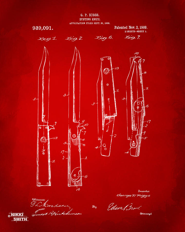Vintage Digital Art - 1901 Hunting Knife Patent Artwork - Red by Nikki Marie Smith