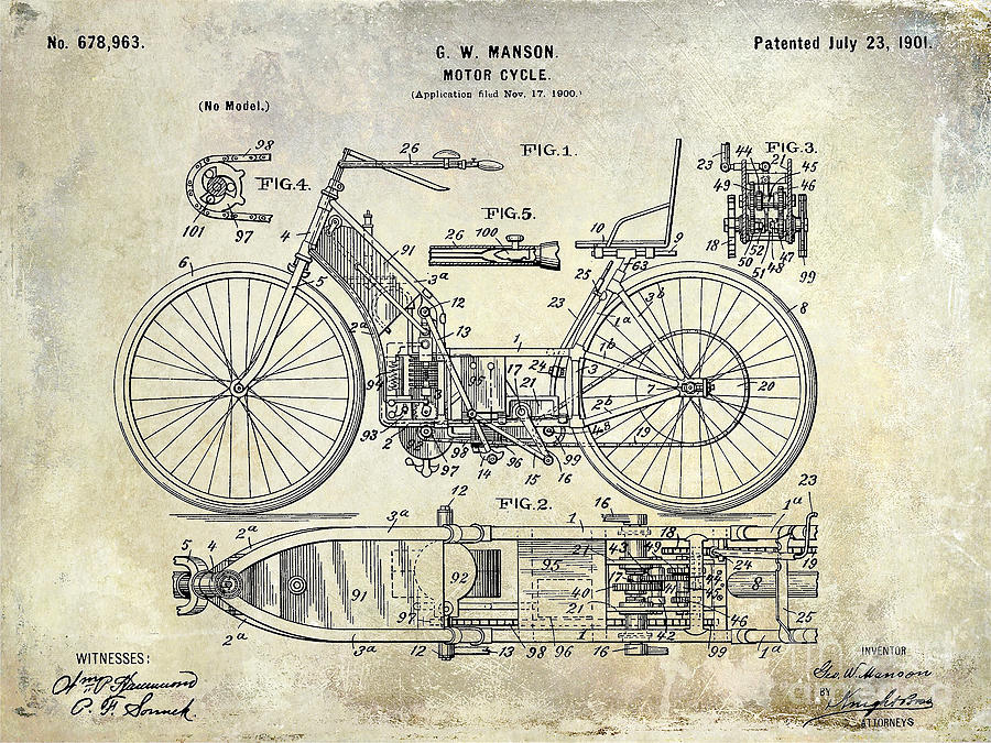 Motorcycle Patent Photograph - 1901 Motorcycle Patent Drawing by Jon Neidert