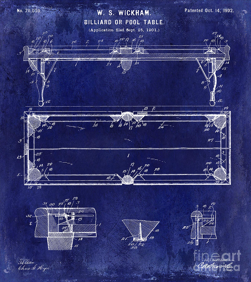 Billiard Photograph - 1902 Billiard Table Patent Drawing Blue by Jon Neidert