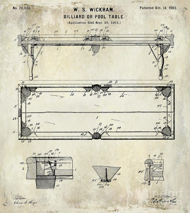 Billiard Photograph - 1902 Billiard Table Patent Drawing by Jon Neidert