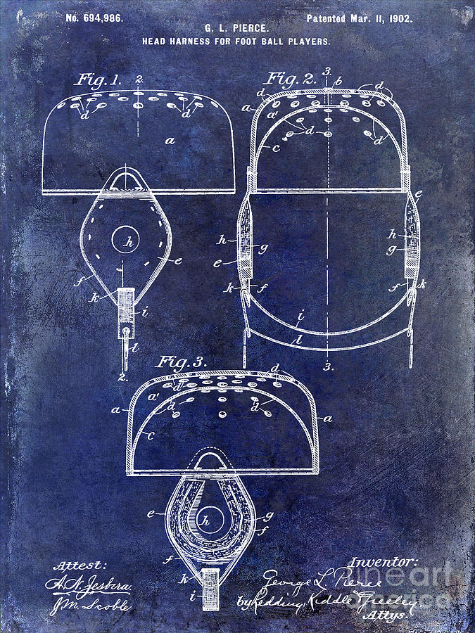 Denver Broncos Photograph - 1902 Football Helmet Patent Drawing Blue by Jon Neidert