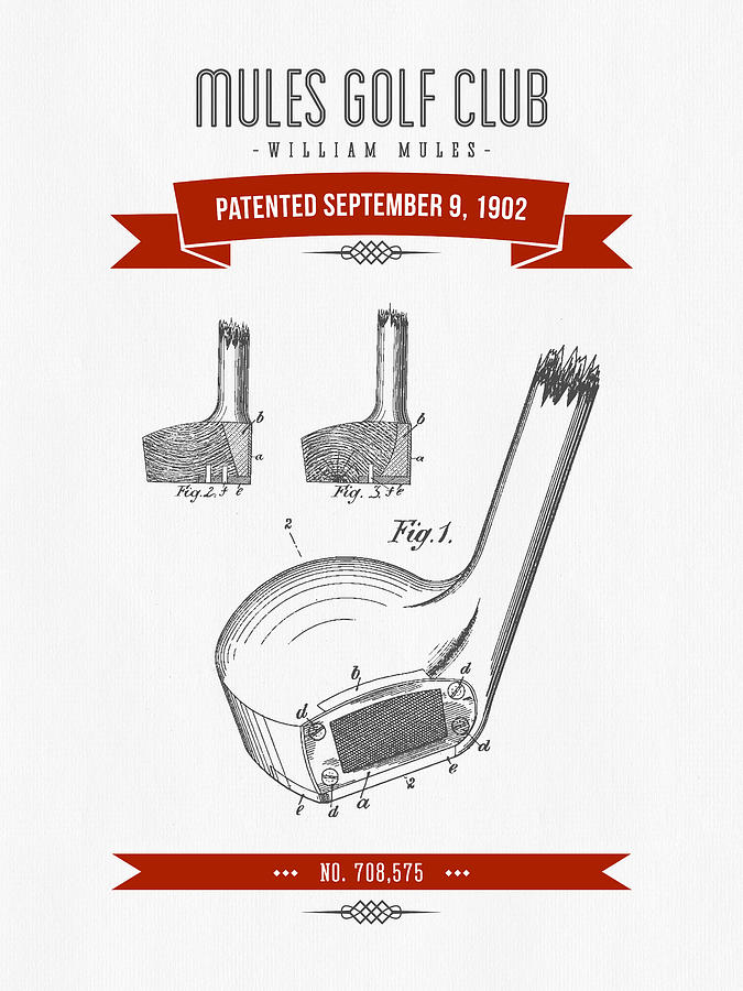 1902 Mules Golf Club Patent Drawing - Retro Red Digital Art