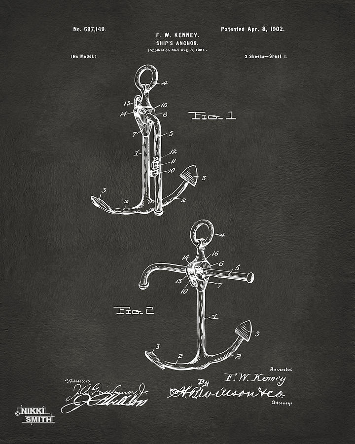 1902 Ships Anchor Patent Artwork - Gray Digital Art by Nikki Marie Smith