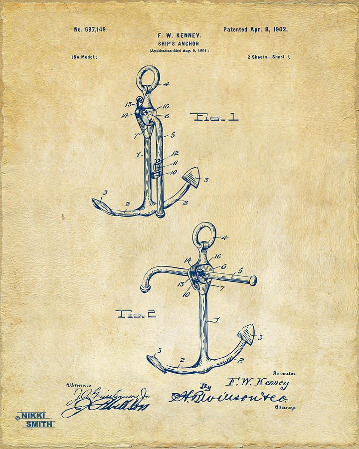 1902 Ships Anchor Patent Artwork - Vintage Digital Art by Nikki Marie Smith