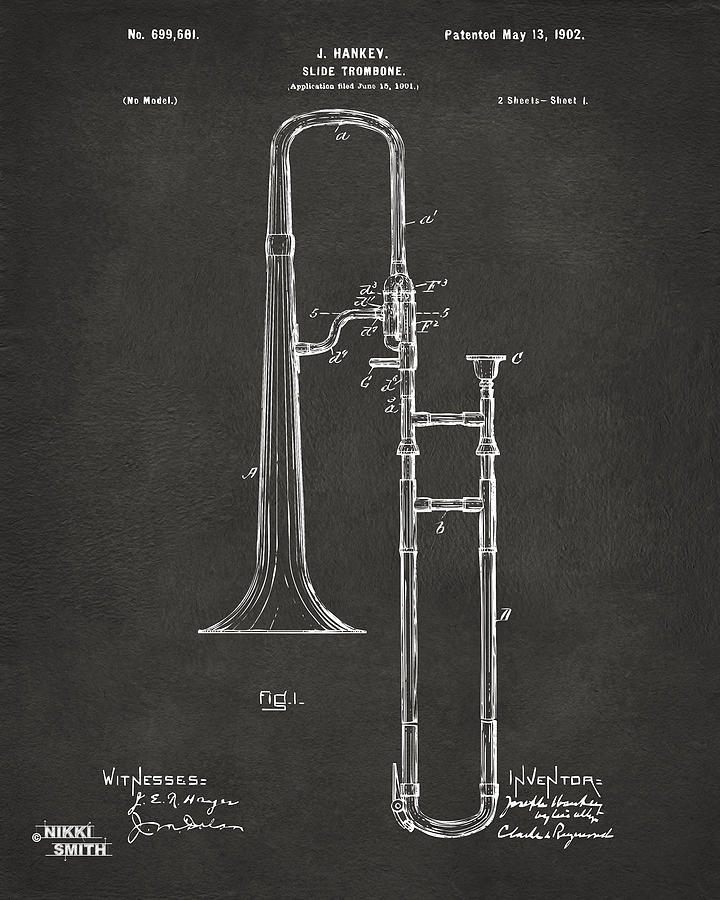 Music Digital Art - 1902 Slide Trombone Patent Artwork - Gray by Nikki Marie Smith