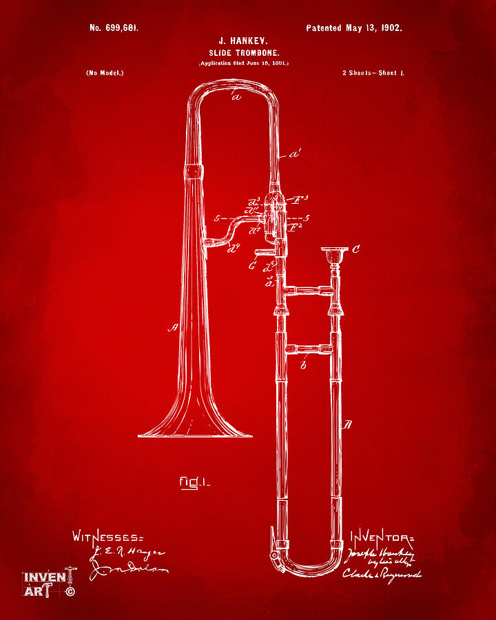 Music Digital Art - 1902 Slide Trombone Patent Artwork Red by Nikki Marie Smith