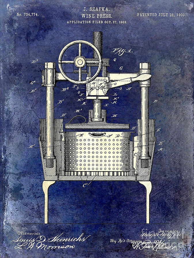 1902 Wine Press Patent Drawing 2 Tone Blue Photograph by Jon Neidert
