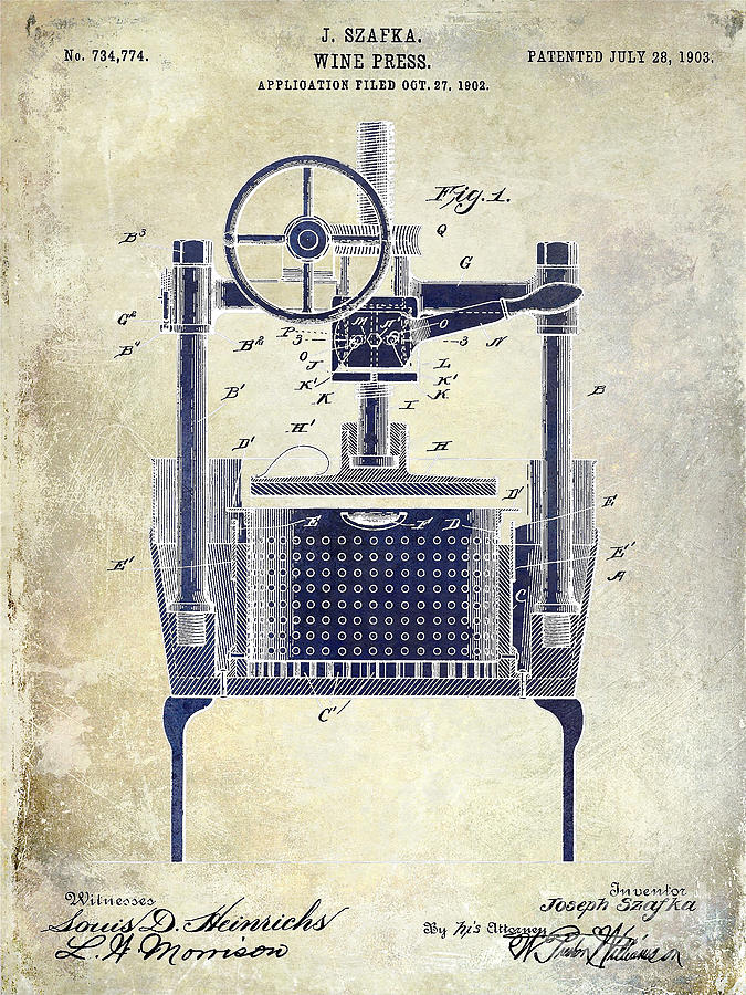 1902 Wine Press Patent Drawing 2 Tone Photograph by Jon Neidert